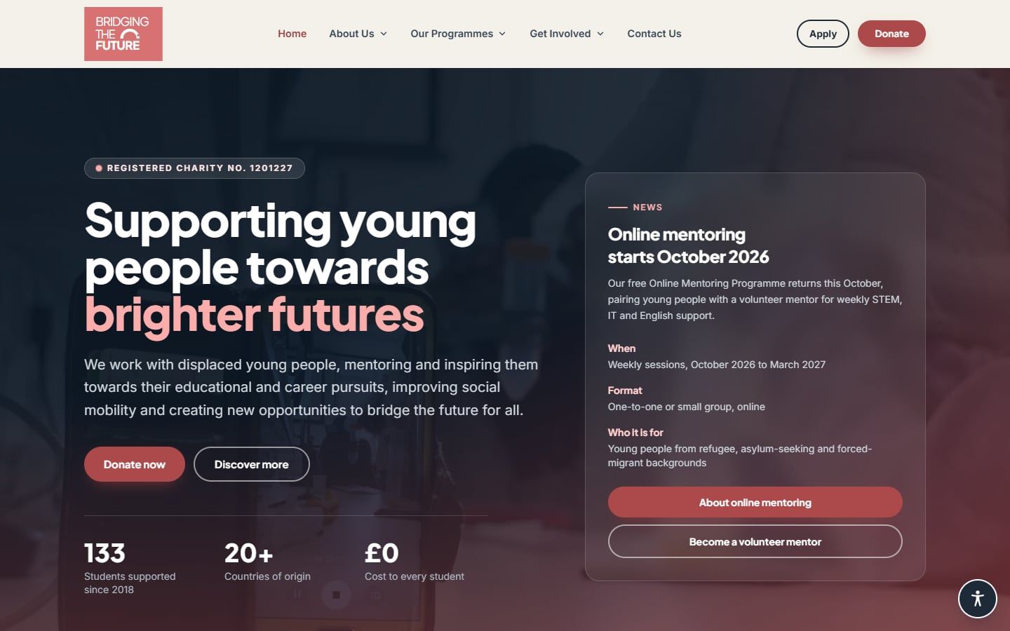 Bridging the Future homepage: the headline "Supporting young people towards brighter futures" beside a news card about online mentoring
