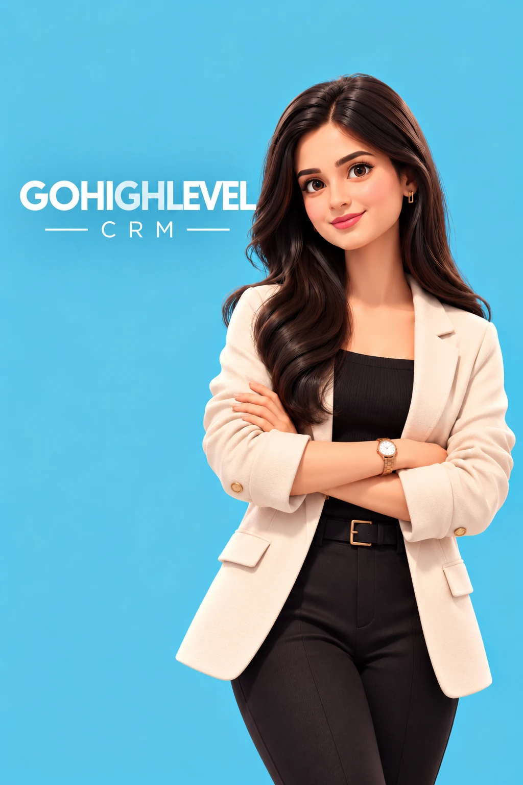 Illustration of Fakeha Khan in a cream blazer beside the words GoHighLevel CRM, on a sky-blue background