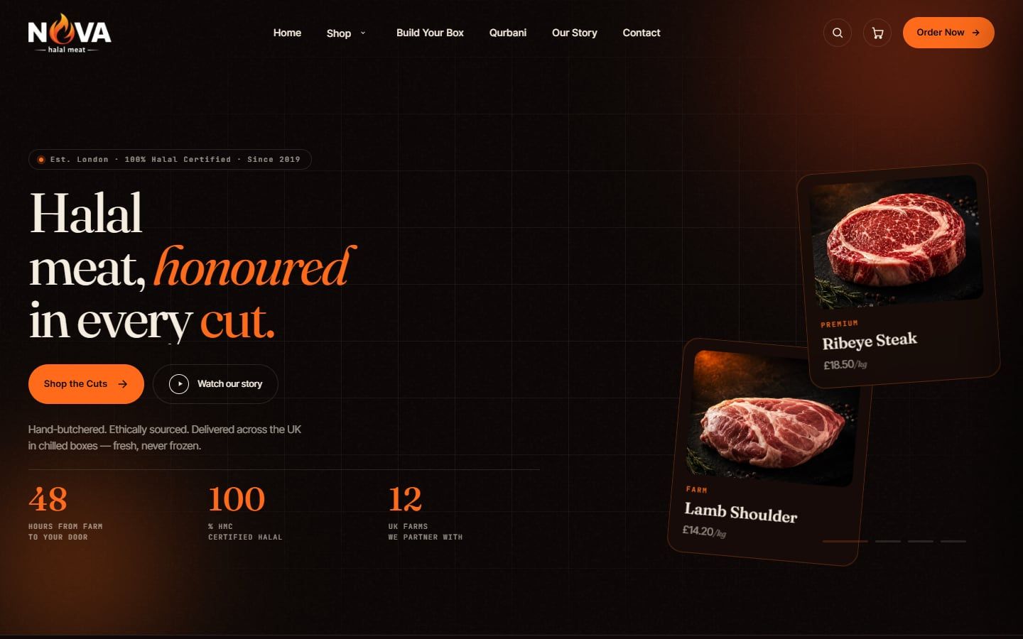 NOVA Halal Meat homepage: the headline "Halal meat, honoured in every cut" in cream and orange on a dark background, beside tilted product cards